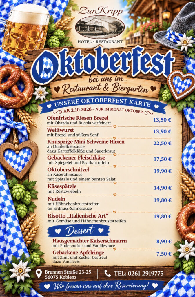 Oktoberfest bei uns im Restaurant & Biergarten Hotel-Restaurant „Zur Kripp“